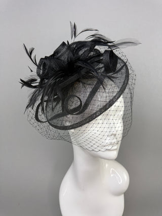 BLACK FASCINATOR WITH VEIL ON HEADBAND