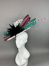 Load image into Gallery viewer, WHITE FASCINATOR WITH MINT &amp; LIGHT PINK LADY AMHERST FEATHERS