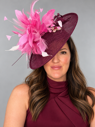 BURGUNDY MERLOT PINK FEATHER SPRAY FASCINATOR HAT