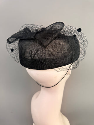 BLACK PILLBOX FORMAL FASCINATOR WITH VEIL ON HEADBAND
