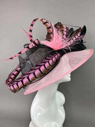 LIGHT PINK HAT WITH BLACK BOW AND PINK FEATHERS