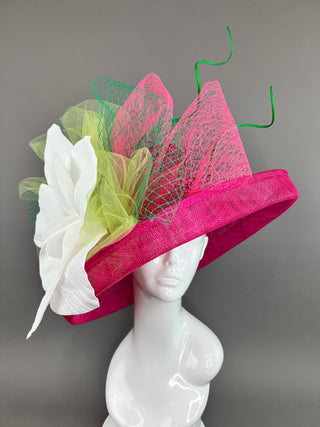 FUCHSIA PINK HAT WITH FLIPPED BRIM & LARGE WHITE FLOWER