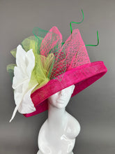 Load image into Gallery viewer, FUCHSIA PINK HAT WITH FLIPPED BRIM &amp; LARGE WHITE FLOWER