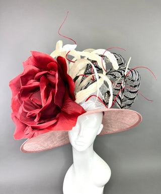 BLUSH PINK WIDE BRIM WITH RED ROSE DERBY HAT