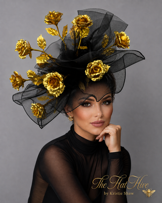 BLACK CRINOLINE GOLD ROSE BOUQUET FASCINATOR