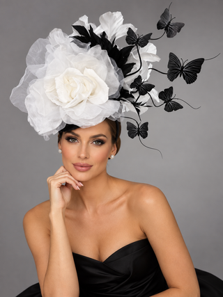 BLACK TIE AFFAIR - WHITE ROSE WITH BLACK BUTTERFLIES FASCINATOR