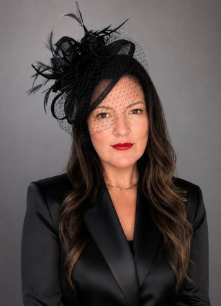 BLACK FASCINATOR WITH VEIL ON HEADBAND