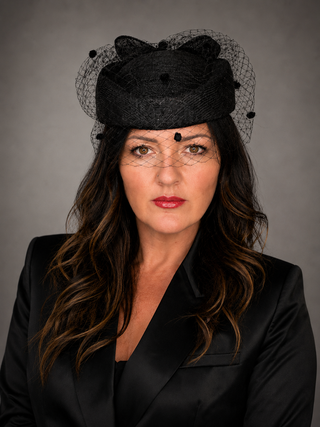BLACK PILLBOX FORMAL FASCINATOR WITH VEIL ON HEADBAND