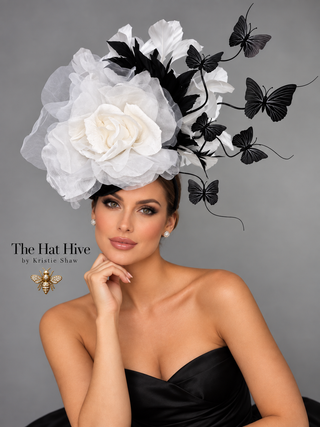 BLACK TIE AFFAIR - WHITE ROSE WITH BLACK BUTTERFLIES FASCINATOR