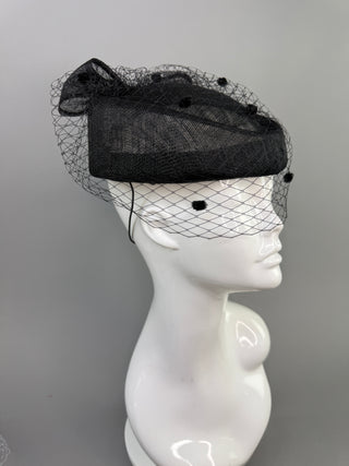 BLACK PILLBOX FORMAL FASCINATOR WITH VEIL ON HEADBAND