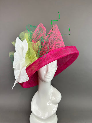 FUCHSIA PINK HAT WITH FLIPPED BRIM & LARGE WHITE FLOWER