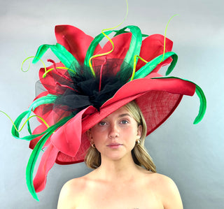 RED FLORAL ROUND BRIM WITH GREEN ACCENTS
