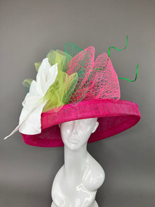 FUCHSIA PINK HAT WITH FLIPPED BRIM & LARGE WHITE FLOWER