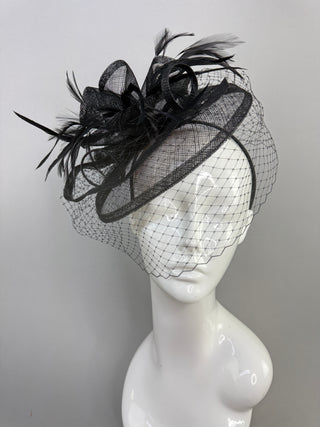BLACK FASCINATOR WITH VEIL ON HEADBAND