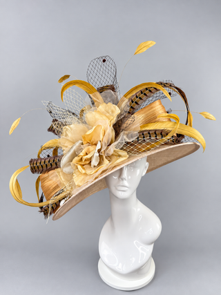“CAMEL TOBACCO” NUDE WIDE BRIM KENTUCKY DERBY HAT WITH PHEASANT FEATHERS