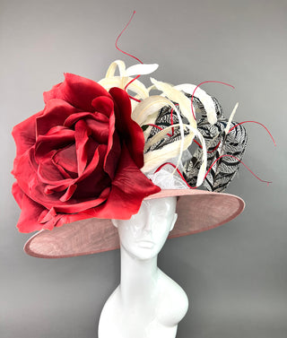 BLUSH PINK WIDE BRIM WITH RED ROSE DERBY HAT