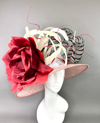 BLUSH PINK WIDE BRIM WITH RED ROSE DERBY HAT