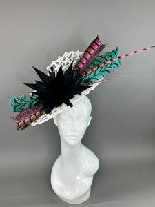WHITE FASCINATOR WITH MINT & LIGHT PINK LADY AMHERST FEATHERS