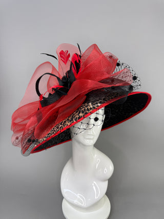 RED AND BLACK ANIMAL PRINT ROUND BRIM HAT
