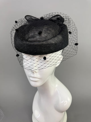 BLACK PILLBOX FORMAL FASCINATOR WITH VEIL ON HEADBAND