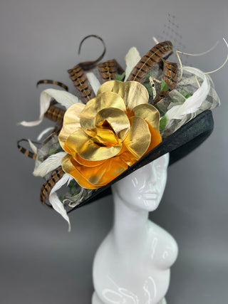 BLACK FLIPPED BRIM HAT WITH GOLD FLOWER AND PHEASANT FEATHERS