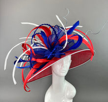 Load image into Gallery viewer, RED, WHITE AND BLUE WIDE BRIM DERBY HAT WITH SILVER TRIM