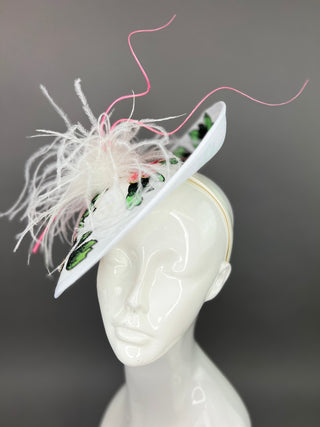 WHITE FASCINATOR WITH BLUSH PINK ROSE EMBROIDERY