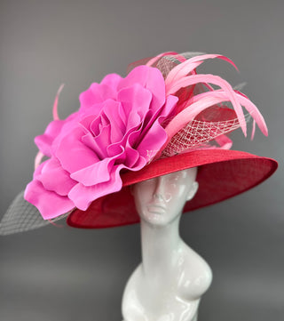 RED ROUND BRIM WITH CANDY PINK BLOOM FLOWER