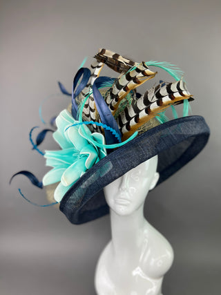 NAVY BLUE FLIPPED BRIM HAT WITH TURQUOISE FLOWER