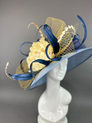 COUNTRY BLUE ROUND BRIM HAT WITH CREAM FLOWER BLOOM