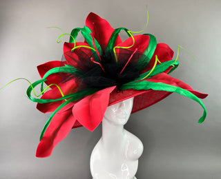 RED FLORAL ROUND BRIM WITH GREEN ACCENTS