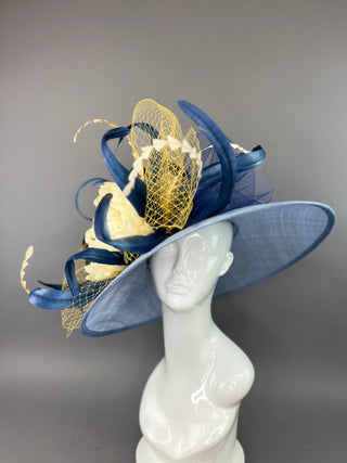 COUNTRY BLUE ROUND BRIM HAT WITH CREAM FLOWER BLOOM