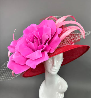 RED ROUND BRIM WITH CANDY PINK BLOOM FLOWER