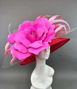 RED ROUND BRIM WITH CANDY PINK BLOOM FLOWER