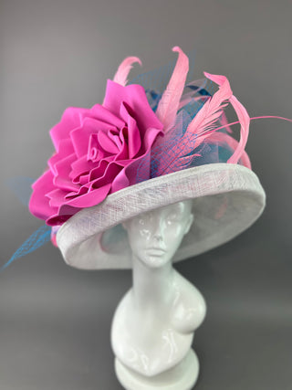 CANDY PINK ROSE ON WHITE BRIM HAT