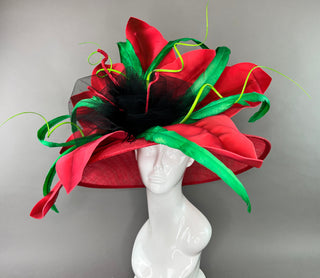 RED FLORAL ROUND BRIM WITH GREEN ACCENTS