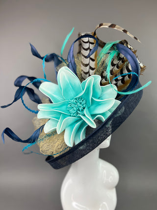 NAVY BLUE FLIPPED BRIM HAT WITH TURQUOISE FLOWER