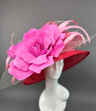 RED ROUND BRIM WITH CANDY PINK BLOOM FLOWER