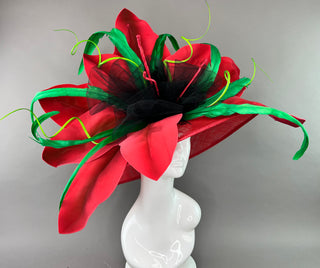 RED FLORAL ROUND BRIM WITH GREEN ACCENTS