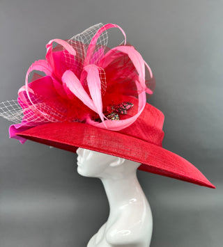 RED ROUND BRIM WITH CANDY PINK BLOOM FLOWER