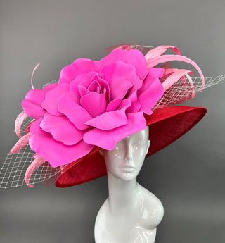 RED ROUND BRIM WITH CANDY PINK BLOOM FLOWER