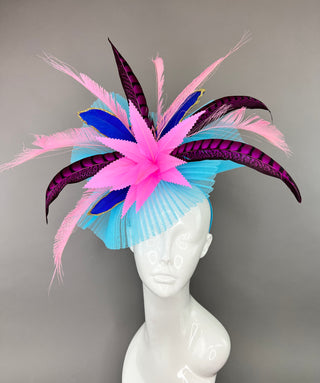 TURQUOISE FASCINATOR WITH SHADES OF PINK