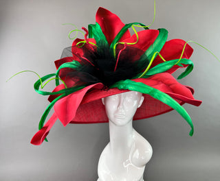 RED FLORAL ROUND BRIM WITH GREEN ACCENTS