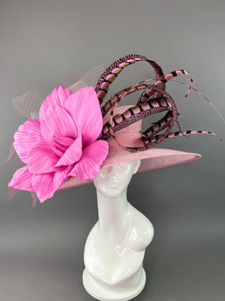 SHADES OF PINK OVAL BRIM HAT WITH PINK LADY AMHERST FEATHERS