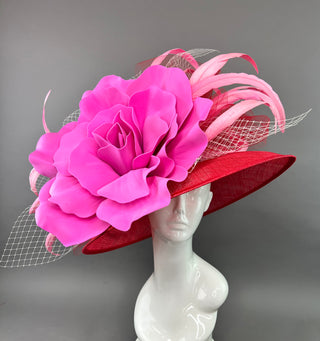 RED ROUND BRIM WITH CANDY PINK BLOOM FLOWER