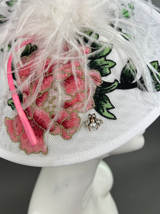 WHITE FASCINATOR WITH BLUSH PINK ROSE EMBROIDERY