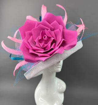 CANDY PINK ROSE ON WHITE BRIM HAT