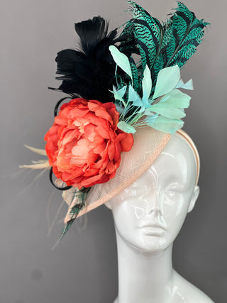 TEAL AND MINT FASCINATOR WITH ORANGE BLOOM