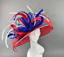 Load image into Gallery viewer, RED, WHITE AND BLUE WIDE BRIM DERBY HAT WITH SILVER TRIM