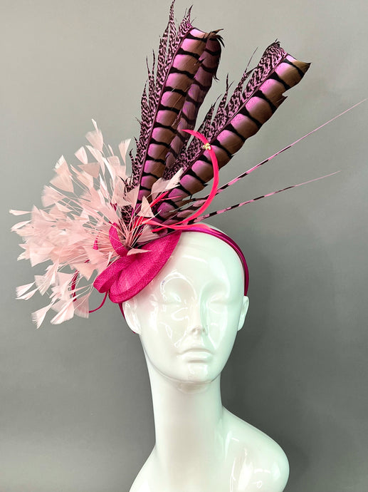 FUCHSIA PINK LADY AMHERST WITH LIGHT PINK FASCINATOR